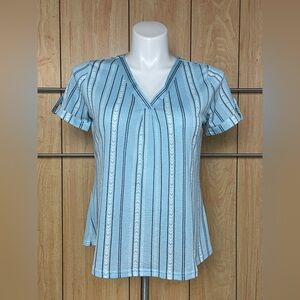 50th Street Blue Fitted Blouse with V-Neck and Short Ruffle Sleeves PL